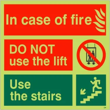 Click Here To Enlarge This Photo Of Photoluminescent &lpar;Glow in the Dark&rpar; Self Adhesive &lpar;Class C&rpar; In Case Of Fire Do Not Use The Lift - Use The Stairs Fire Action Notice Sign - 150mm x 150mm