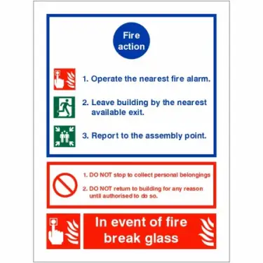 Click Here To Enlarge This Photo Of Rigid Plastic &lpar;1mm&rpar; 3 Point Fire Action Notice Sign - "In Event Of Fire Break Glass"