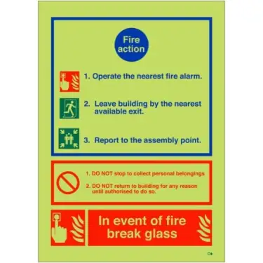 Click Here To Enlarge This Photo Of Photoluminescent &lpar;Glow in the Dark&rpar; Self Adhesive &lpar;Class C&rpar; 3 Point Fire Action Notice Sign - "In Event Of Fire Break Glass"