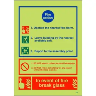 Photoluminescent &lpar;Glow in the Dark&rpar; Self Adhesive &lpar;Class C&rpar; 3 Point Fire Action Notice Sign - "In Event Of Fire Break Glass"