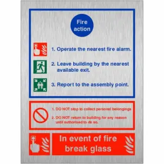 Brushed Aluminium &lpar;3mm&rpar; 3 Point Fire Action Notice Sign - "In Event Of Fire Break Glass"