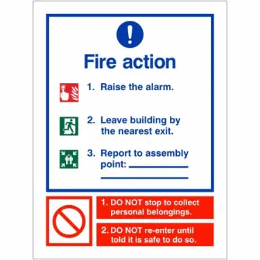 Click Here To Enlarge This Photo Of Self Adhesive Vinyl 3 Point Fire Action Notice Sign - Raise The Alarm &lpar;Assembly Pt Writable&rpar;