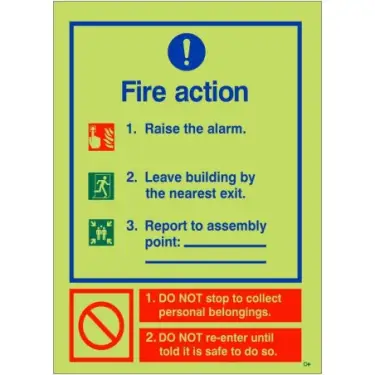 Click Here To Enlarge This Photo Of Photoluminescent &lpar;Glow in the Dark&rpar; Self Adhesive &lpar;Class C&rpar; 3 Point Fire Action Notice Sign - Raise The Alarm &lpar;Assembly Pt Writable&rpar;