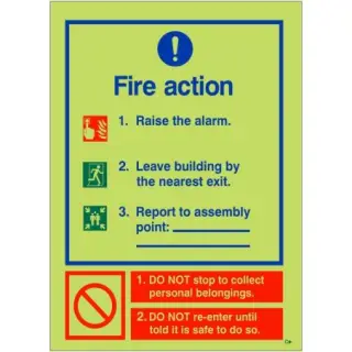 Photoluminescent &lpar;Glow in the Dark&rpar; Self Adhesive &lpar;Class C&rpar; 3 Point Fire Action Notice Sign - Raise The Alarm &lpar;Assembly Pt Writable&rpar;