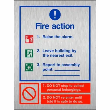 Click Here To Enlarge This Photo Of Brushed Aluminium &lpar;3mm&rpar; 3 Point Fire Action Notice Sign - Raise The Alarm &lpar;Assembly Pt Writable&rpar;