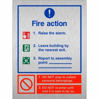 Brushed Aluminium &lpar;3mm&rpar; 3 Point Fire Action Notice Sign - Raise The Alarm &lpar;Assembly Pt Writable&rpar;