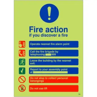 Photoluminescent &lpar;Glow in the Dark&rpar; Self Adhesive &lpar;Class C&rpar; Fire Action Notice Sign - "If You Discover a Fire"