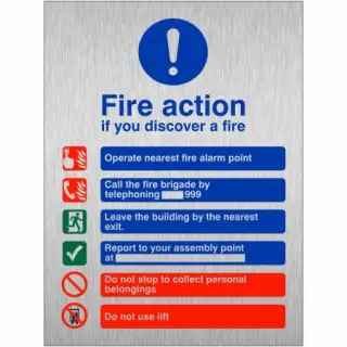 Brushed Aluminium &lpar;3mm&rpar; Fire Action Notice Sign - "If You Discover a Fire"