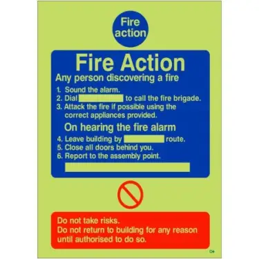Click Here To Enlarge This Photo Of Photoluminescent &lpar;Glow in the Dark&rpar; Self Adhesive &lpar;Class C&rpar; 6 Point Fire Action Notice Sign - Any Person Discovering a Fire