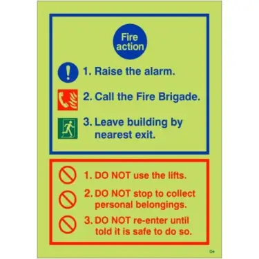 Click Here To Enlarge This Photo Of Photoluminescent &lpar;Glow in the Dark&rpar; Rigid Plastic &lpar;Class C&rpar; 3 Point Fire Action Notice Sign - Raise The Alarm