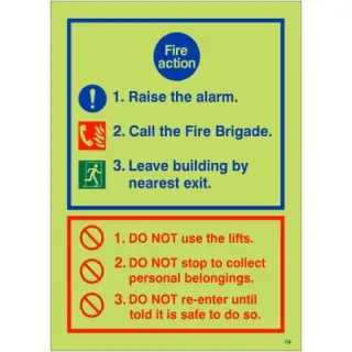Photoluminescent &lpar;Glow in the Dark&rpar; Rigid Plastic &lpar;Class C&rpar; 3 Point Fire Action Notice Sign - Raise The Alarm