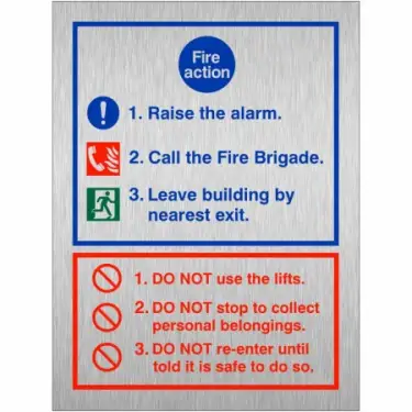 Click Here To Enlarge This Photo Of Brushed Aluminium &lpar;3mm&rpar; 3 Point Fire Action Notice Sign - Raise The Alarm