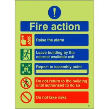 Click Here To Enlarge This Photo Of Photoluminescent &lpar;Glow in the Dark&rpar; Self Adhesive &lpar;Class C&rpar; Raise The Alarm Fire Action Notice Sign