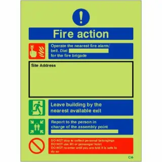 Photoluminescent &lpar;Glow in the Dark&rpar; Self Adhesive &lpar;Class C&rpar; Fire Action Construction Site Notice Sign