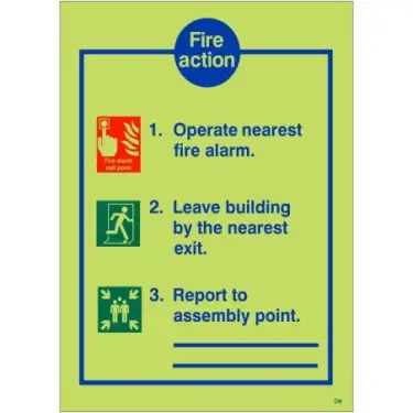 Click Here To Enlarge This Photo Of Photoluminescent &lpar;Glow in the Dark&rpar; Self Adhesive &lpar;Class C&rpar; 3 Point Fire Action Notice Sign with Lines To Write Assembly Point Location - 300mm x 200mm