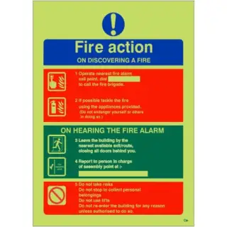Photoluminescent &lpar;Glow in the Dark&rpar; Rigid Plastic &lpar;Class C&rpar; Fire Action Notice Sign - "On Discovering a Fire" - 150mm x 200mm