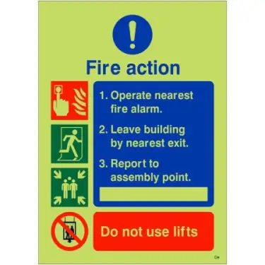 Click Here To Enlarge This Photo Of Photoluminescent &lpar;Glow in the Dark&rpar; Self Adhesive &lpar;Class C&rpar; 3 Point Fire Action Sign - 150mm x 200mm