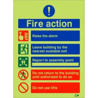 Photoluminescent &lpar;Glow in the Dark&rpar; Rigid Plastic &lpar;Class C&rpar; 5 Point Fire Action Notice Sign - Do Not Use Lifts