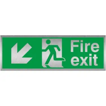 Click Here To Enlarge This Photo Of Brushed Aluminium &lpar;3mm&rpar; Fire Exit Arrow Down Left Sign