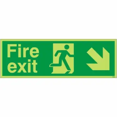 Click Here To Enlarge This Photo Of Photoluminescent &lpar;Glow in the Dark&rpar; Rigid Plastic &lpar;Class C&rpar; Fire Exit Down Right Sign