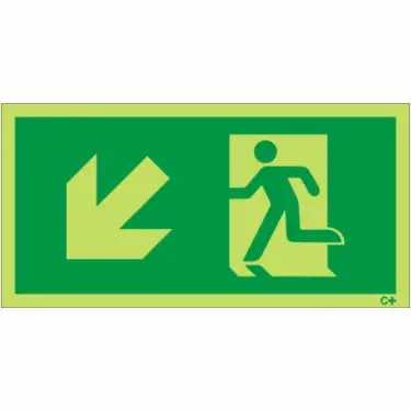Click Here To Enlarge This Photo Of Photoluminescent &lpar;Glow in the Dark&rpar; Self Adhesive &lpar;Class C&rpar; Fire Exit Symbol Only with Arrow Down Left Sign