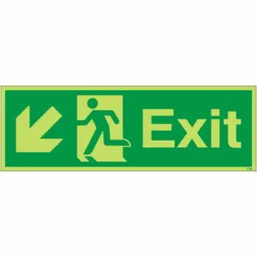 Click Here To Enlarge This Photo Of Photoluminescent &lpar;Glow in the Dark&rpar; Rigid Plastic &lpar;Class C&rpar; Exit Arrow Down Left Sign