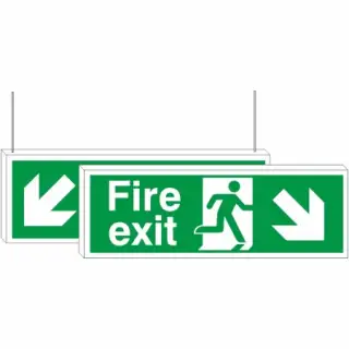 Rigid Plastic &lpar;3mm&rpar; Fire Exit Down Arrow Down Left&sol;Right Double Sided Hanging Sign