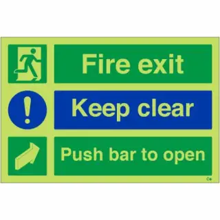 Photoluminescent &lpar;Glow in the Dark&rpar; Self Adhesive &lpar;Class C&rpar; "Fire Exit Keep Clear - Push Bar To Open" Sign