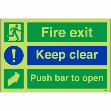 Click Here To Enlarge This Photo Of Photoluminescent &lpar;Glow in the Dark&rpar; Rigid Plastic &lpar;Class C&rpar; "Fire Exit Keep Clear - Push Bar To Open" Sign
