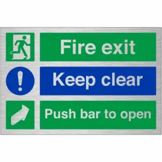 Brushed Aluminium &lpar;3mm&rpar; "Fire Exit Keep Clear - Push Bar To Open" Sign