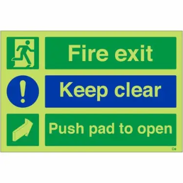 Click Here To Enlarge This Photo Of Photoluminescent &lpar;Glow in the Dark&rpar; Self Adhesive &lpar;Class C&rpar; "Fire Exit Keep Clear - Push Pad To Open" Sign