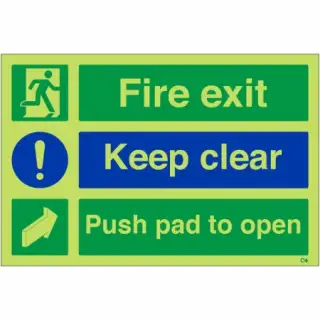 Photoluminescent &lpar;Glow in the Dark&rpar; Rigid Plastic &lpar;Class C&rpar; "Fire Exit Keep Clear - Push Pad To Open" Sign