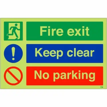 Click Here To Enlarge This Photo Of Photoluminescent &lpar;Glow in the Dark&rpar; Rigid Plastic &lpar;Class C&rpar; "Fire Exit Keep Clear - No Parking" Sign