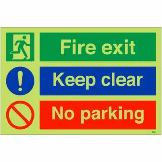 Photoluminescent &lpar;Glow in the Dark&rpar; Rigid Plastic &lpar;Class C&rpar; "Fire Exit Keep Clear - No Parking" Sign