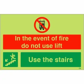 Photoluminescent &lpar;Glow in the Dark&rpar; Rigid Plastic &lpar;Class C&rpar; "In The Event Of Fire Do Not Use Lift - Use Stairs" Down Left Sign
