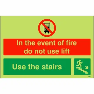 Photoluminescent &lpar;Glow in the Dark&rpar; Rigid Plastic &lpar;Class C&rpar; "In The Event Of Fire Do Not Use Lift - Use Stairs" Down Right Sign