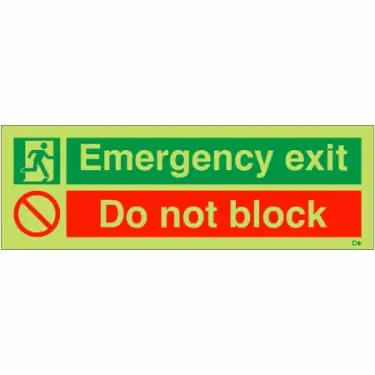 Click Here To Enlarge This Photo Of Photoluminescent &lpar;Glow in the Dark&rpar; Self Adhesive &lpar;Class C&rpar; "Emergency Exit - Do Not Block" Sign