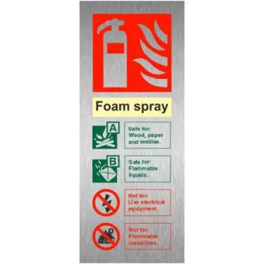 Click Here To Enlarge This Photo Of Brushed Aluminium &lpar;3mm&rpar; Foam Spray Fire Extinguisher ID Sign - 75mm x 200mm