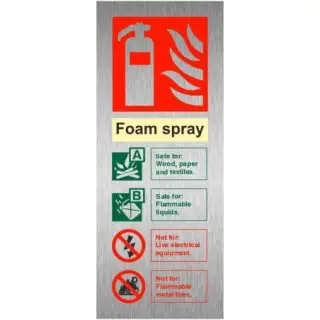 Brushed Aluminium &lpar;3mm&rpar; Foam Spray Fire Extinguisher ID Sign - 75mm x 200mm
