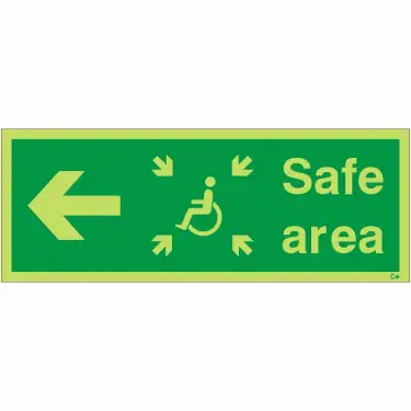 Click Here To Enlarge This Photo Of Photoluminescent &lpar;Glow in the Dark&rpar; Rigid Plastic &lpar;Class C&rpar; Safe Area Left Refuge Sign - 400mm x 150mm
