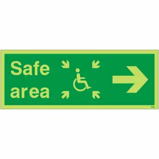 Photoluminescent &lpar;Glow in the Dark&rpar; Rigid Plastic &lpar;Class C&rpar; Safe Area Right Refuge Sign - 400mm x 150mm