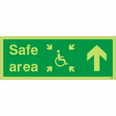 Click Here To Enlarge This Photo Of Photoluminescent &lpar;Glow in the Dark&rpar; Self Adhesive &lpar;Class C&rpar; Safe Area Up Refuge Sign - 400mm x 150mm