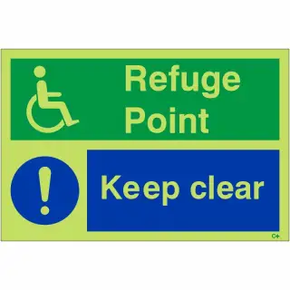 Photoluminescent &lpar;Glow in the Dark&rpar; Self Adhesive &lpar;Class C&rpar; Refuge Point Keep Clear Sign - 300mm x 200mm
