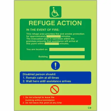 Click Here To Enlarge This Photo Of Photoluminescent &lpar;Glow in the Dark&rpar; Rigid Plastic &lpar;Class C&rpar; Fire Action Refuge Sign - 150mm x 200mm