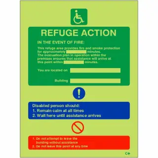 Photoluminescent &lpar;Glow in the Dark&rpar; Rigid Plastic &lpar;Class C&rpar; Fire Action Refuge Sign - 150mm x 200mm