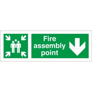 Rigid Plastic &lpar;1mm&rpar; Fire Assembly Point Sign With Down Arrow - 400mm x 150mm