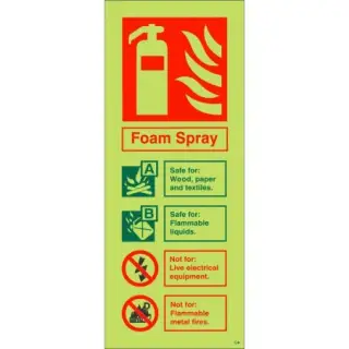 Photoluminescent &lpar;Glow in the Dark&rpar; Self Adhesive &lpar;Class C&rpar; Foam Spray Fire Extinguisher ID Sign - 75mm x 200mm