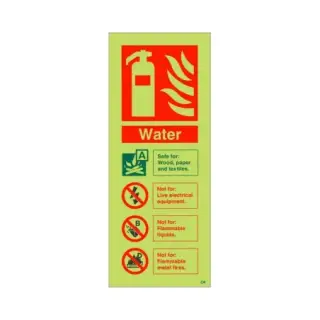 Photoluminescent &lpar;Glow in the Dark&rpar; Self Adhesive &lpar;Class C&rpar; Water Fire Extinguisher ID Sign - 75mm x 200mm