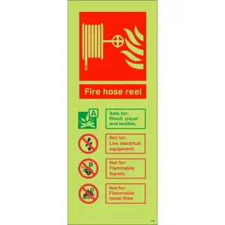 Photoluminescent &lpar;Glow in the Dark&rpar; Rigid Plastic &lpar;Class C&rpar; Fire Hose Reel Sign - 75mm x 200mm
