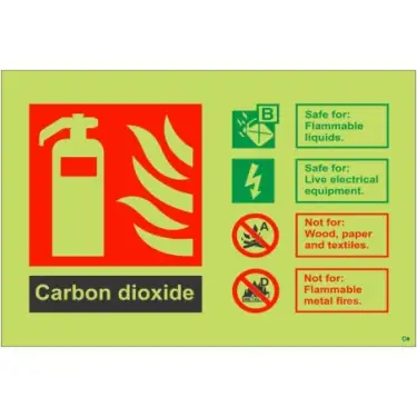Click Here To Enlarge This Photo Of Photoluminescent &lpar;Glow in the Dark&rpar; Self Adhesive &lpar;Class C&rpar; Carbon Dioxide Fire Extinguisher ID Sign - 150mm x 100mm